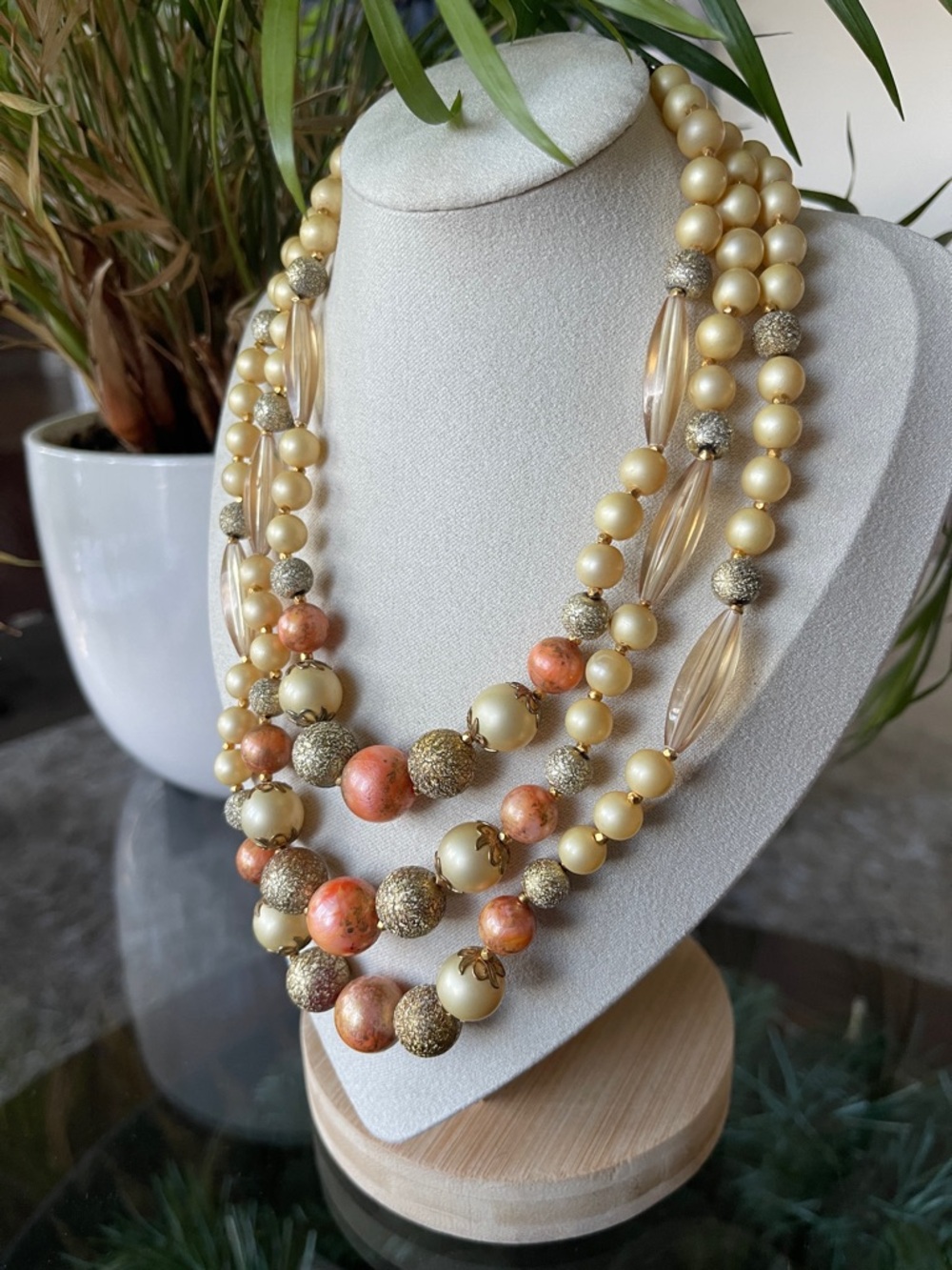 VINTAGE Triple Strand Necklace | Buttery Pearl & Soft Coral | Mid-Century